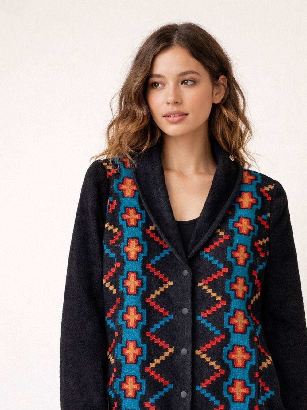 Tabask Alpaca Wool Handmade in Peru Black Southwestern Pattern Jacket Size S
